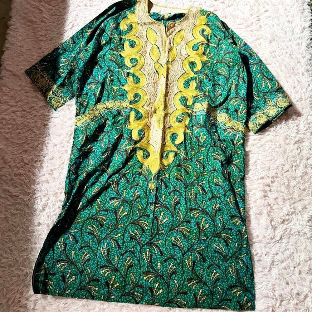 African Gold Embroidered Tribal Dashiki Tunic Men's L 100% Cotton Vivid Artisan